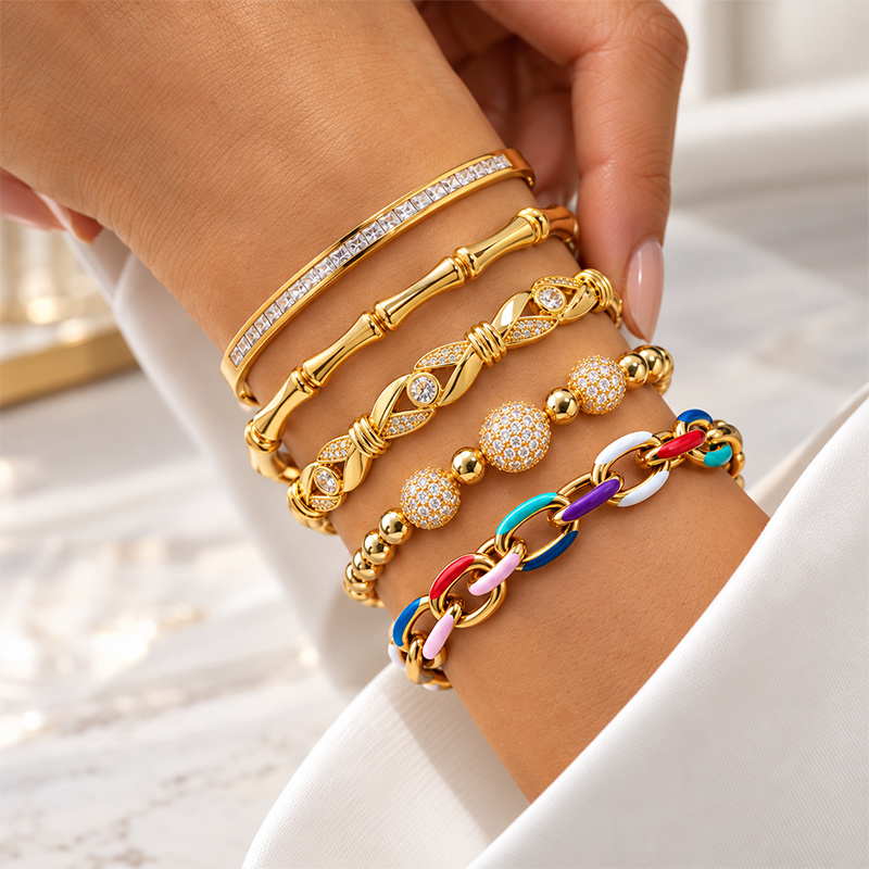 Women's Twisted Bamboo & Bead Hinged Bangle Bracelet Set, Gold-Tone